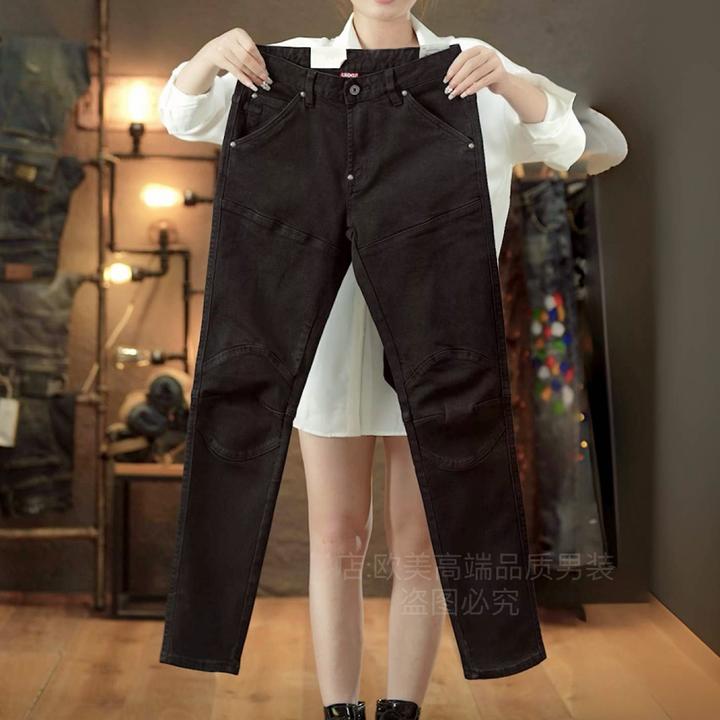 原创高端男士欧货牛仔裤机车风拼接黑色百搭潮修身小脚弹力个性