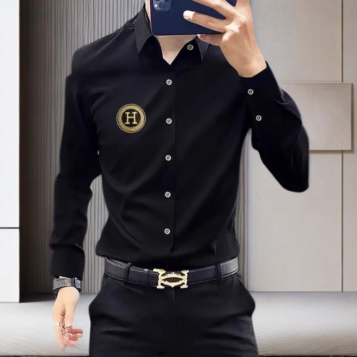 高级感刺绣长袖衬衫男士春秋季免烫抗皱潮牌帅气商务休闲衬衣男款