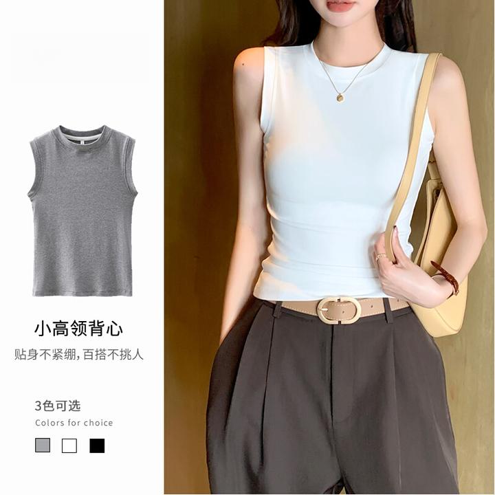 白色小高领吊带背心女春夏修身防走光遮副乳打底内搭短款螺纹上衣