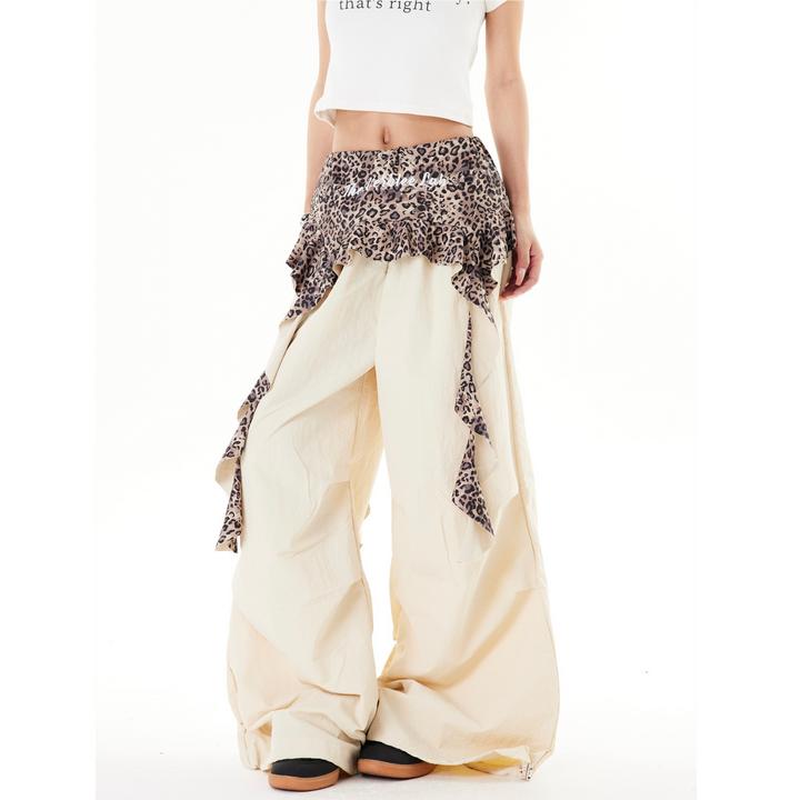 美式复古拼接豹纹褶皱伞兵裤女辣妹阔腿休闲裤爵士舞条纹裤子叠穿