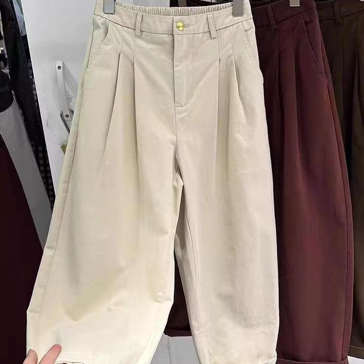 文艺复古宽松拉链纽扣九分休闲裤时尚百搭高腰褶皱米色哈伦裤女式