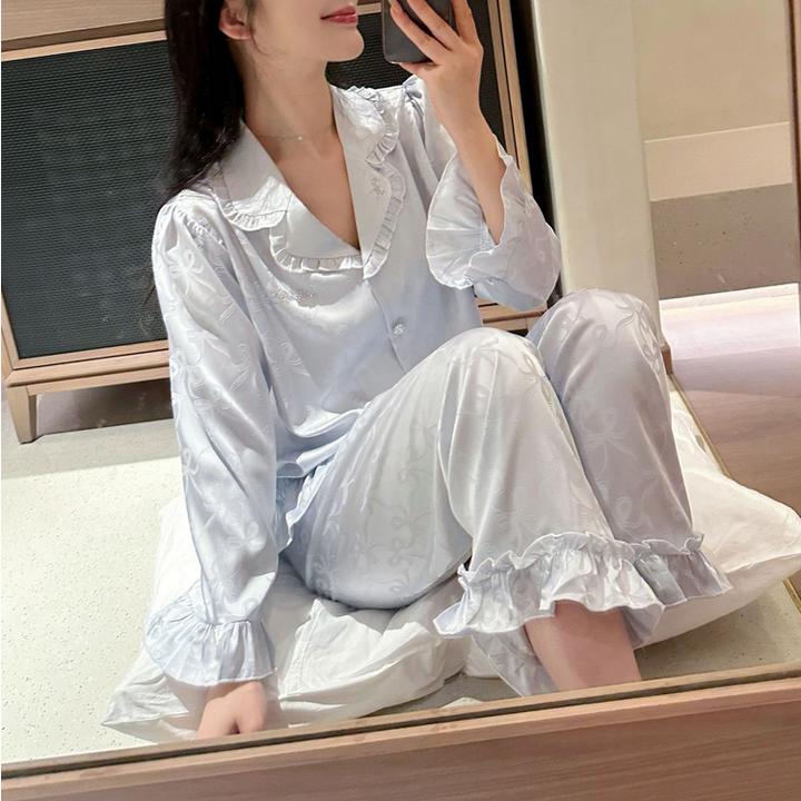 约蒂宾弗法式甜美少女风冰丝睡衣女款春秋季长袖家居服套装可外穿