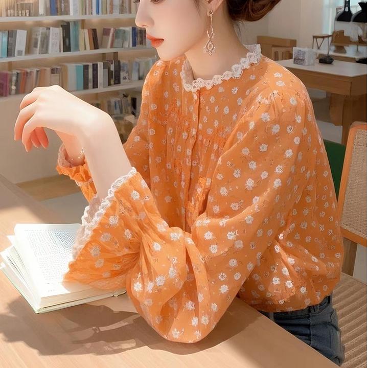 橘色碎花衬衫法式气质小众时尚春季多巴胺上衣独特好看蕾丝边小衫