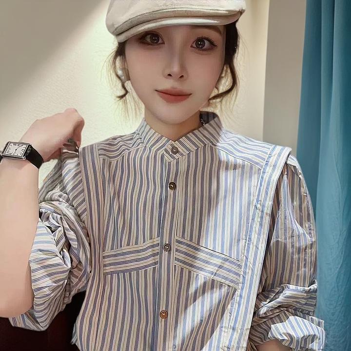 拼接休闲洋气独特感衬衣秋季新款超好看韩系蓝色立领小众气质时尚
