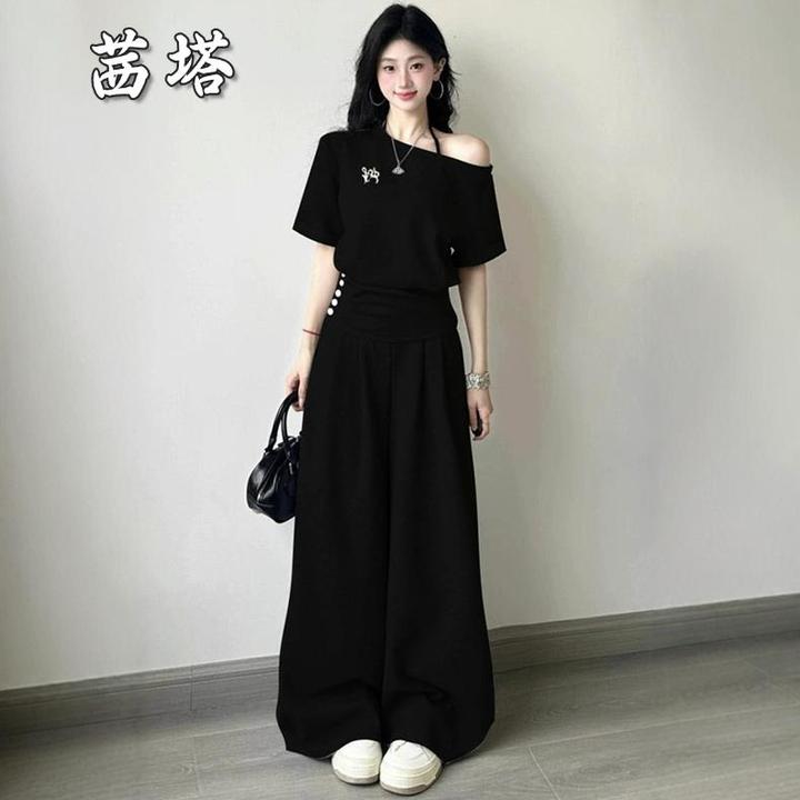 2025高级感时尚运动服套装女夏季韩系显瘦斜肩宽松短袖休闲两件套