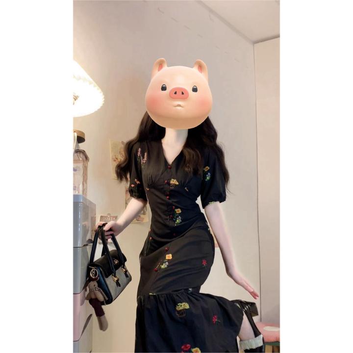 大码【秘密花园】夏季新款收腰显瘦刺绣韩版鱼尾拼接设计碎花连衣裙