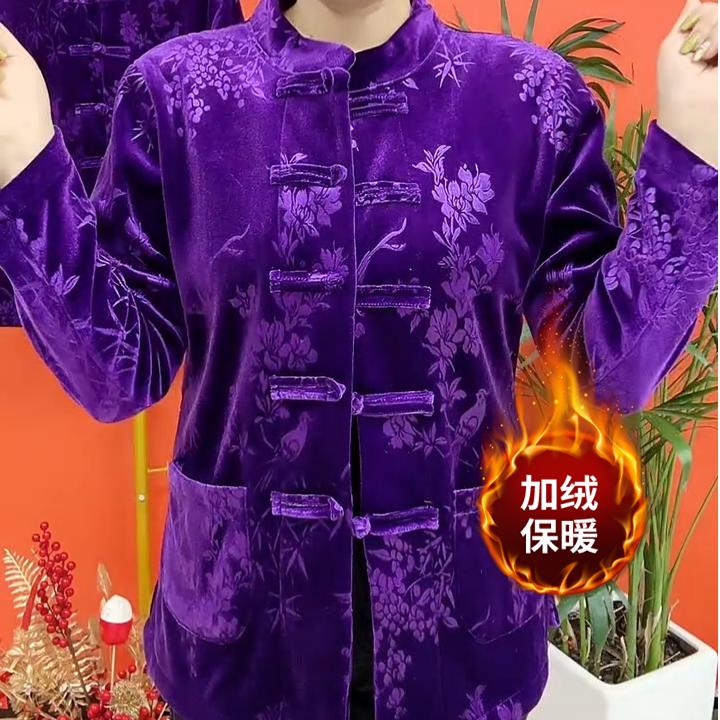 中老年纯色百搭加绒保暖冬季新款盘扣打底开衫复古中国风女装外套