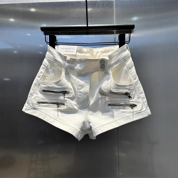 米白色设计感拉链牛仔短裤女2025年夏新款弹力包臀修身A字热裤女