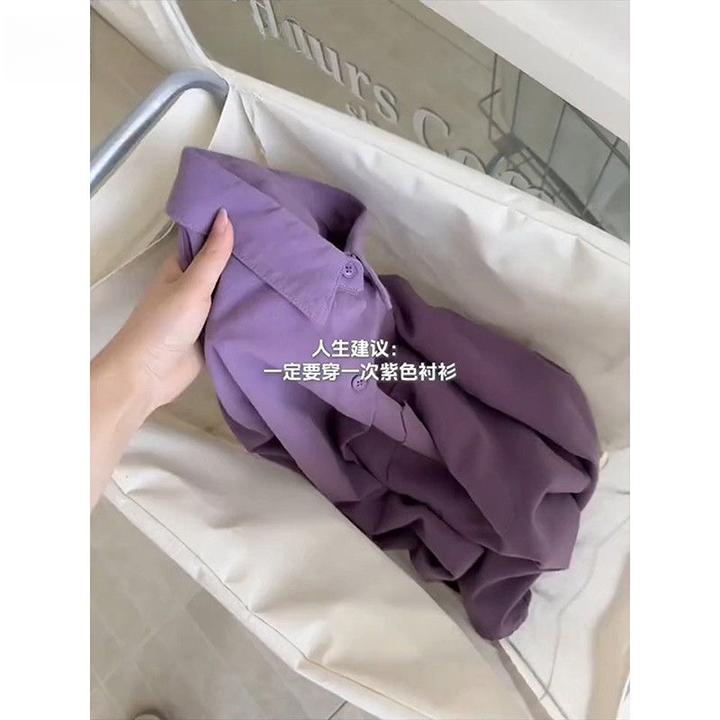 显白紫100%纯棉长袖衬衫女秋季潮牌宽松慵懒风外套松弛感情侣衬衣