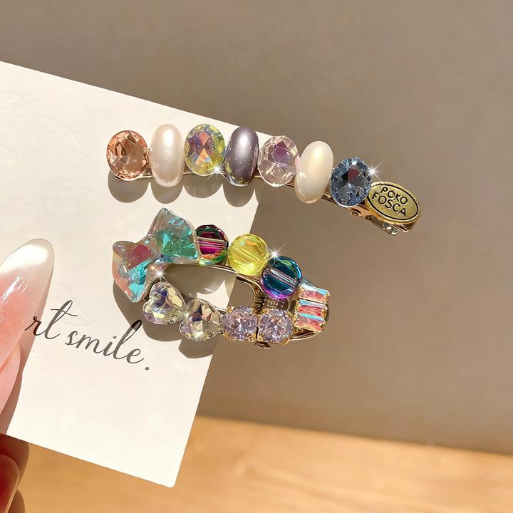 韩国东大门高端彩钻刘海边夹超闪水晶蝴蝶结珍珠一字夹碎发鸭嘴夹