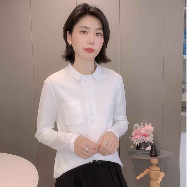 翻领长袖T恤女2025秋季新款休闲T恤显瘦气质百搭POLO衫上衣