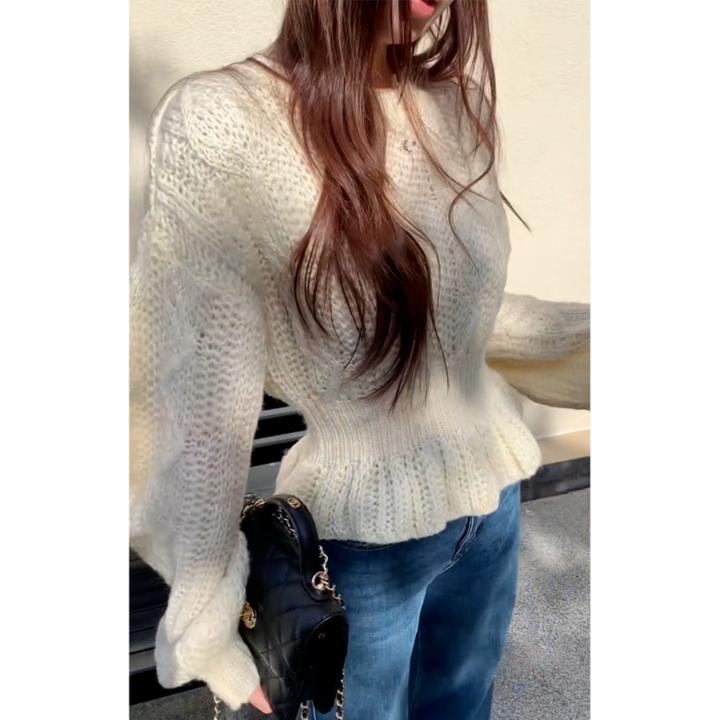 2025冬季新款奶fufu软糯慵懒风针织上衣韩系镂空米白色掐腰毛衣女