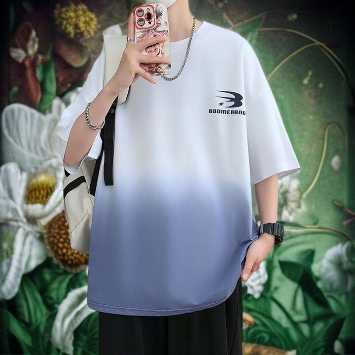 男士透气抑菌T恤短袖渐变色圆领吊染夏半袖休闲宽松潮流港风大码