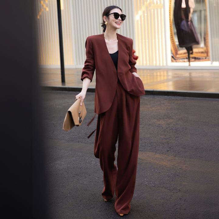 老钱风西装套装女2026春秋季复古安可拉红系带休闲外套阔腿裤套装
