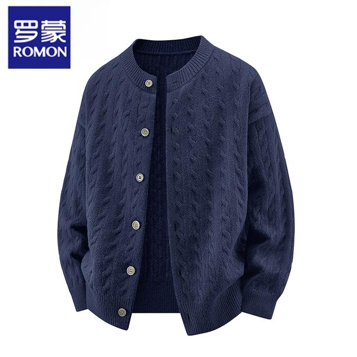 Romon/罗蒙绞花纹开衫毛衣2025秋季新款宽松慵懒风圆领针织衫外套