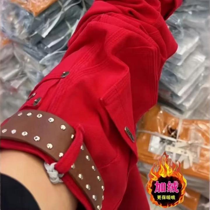 秋冬新款简约风时髦加绒弯刀牛仔裤高腰显瘦洋气百搭女装阔腿长裤