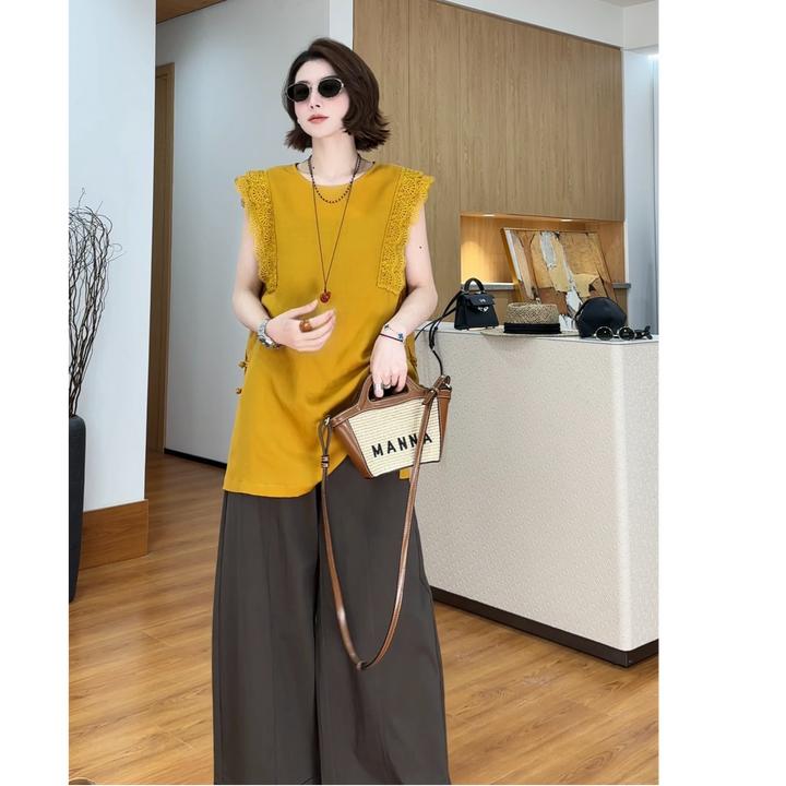 YYOUHAN 2025新款【华清引】蕾丝拼接百搭飞飞袖T恤上衣 2506C3431