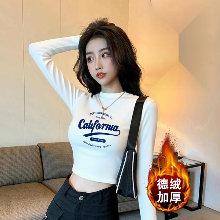 辣妹小圆领内搭打底衫女秋冬白色加绒修身德绒短款长袖t恤上衣潮