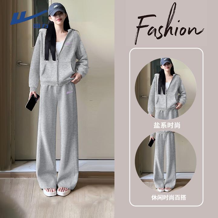 回力灰色休闲运动套装女2025年新款显瘦短款卫衣外套裤子两件套