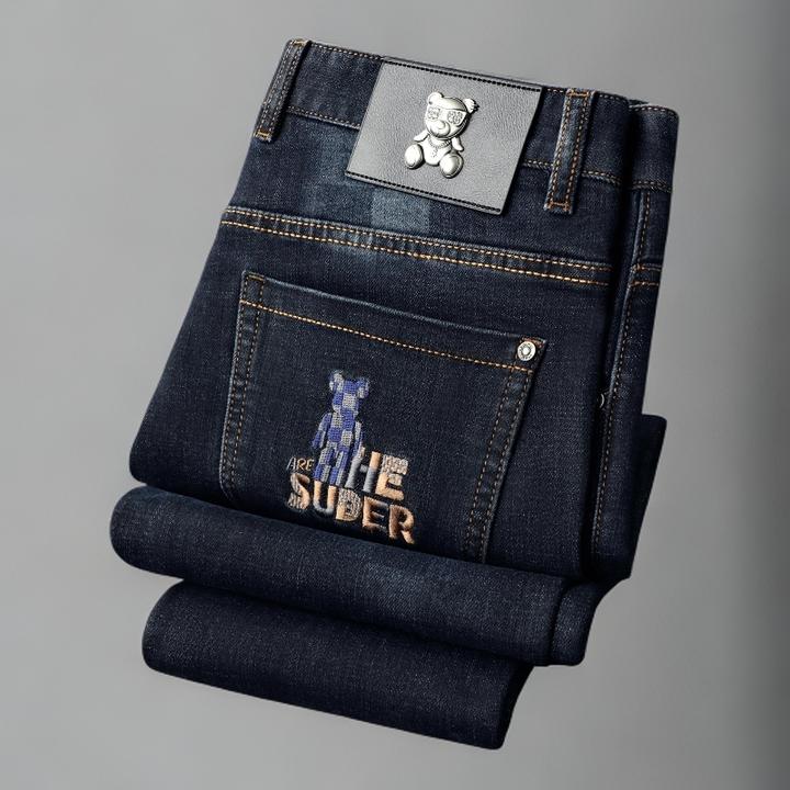 潮牌轻奢高端格纹印花牛仔裤男修身小直筒秋季时尚男士刺绣长裤子