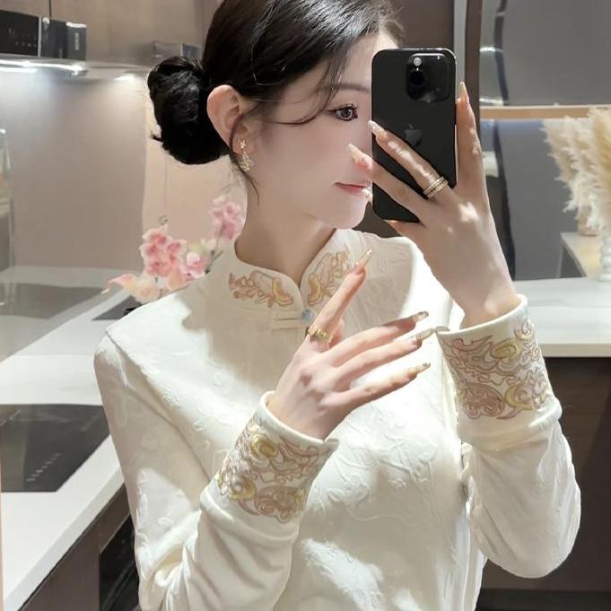 时尚2025新中式刺绣提花长袖T恤衫保暖气质设计感小衫加绒加厚