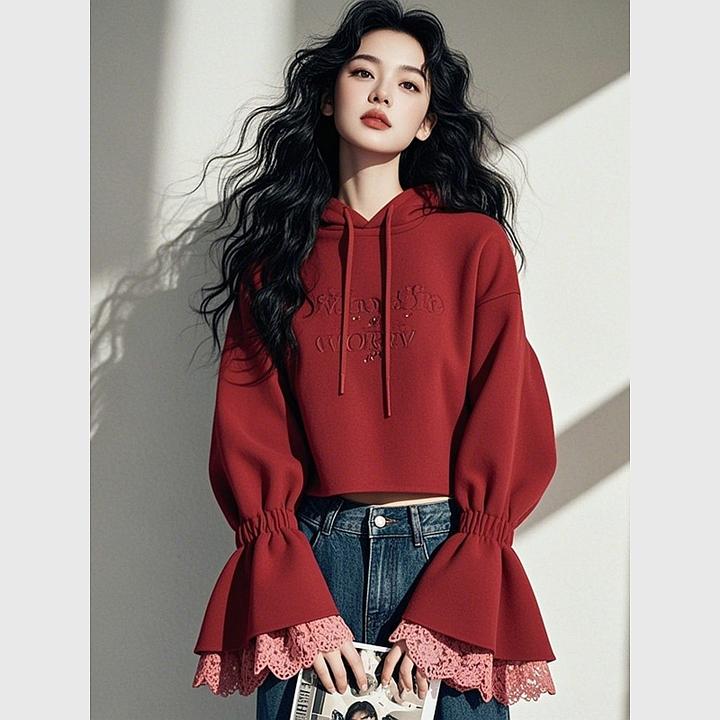 2025春季新款爆款时尚洋气小个子韩系慵懒风红色蕾丝拼接连帽卫衣