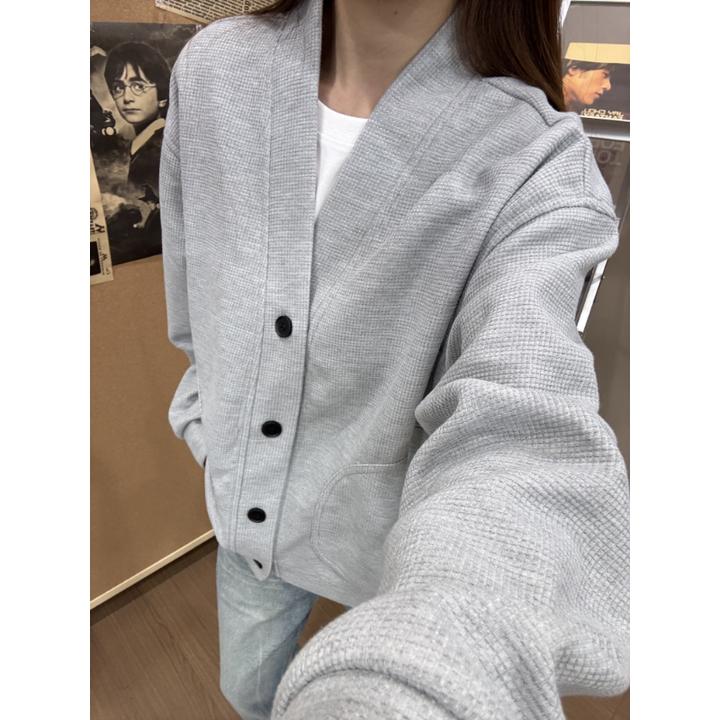 灰色华夫格开衫卫衣外套男款cleanfit秋季美式慵懒风宽松情侣外套