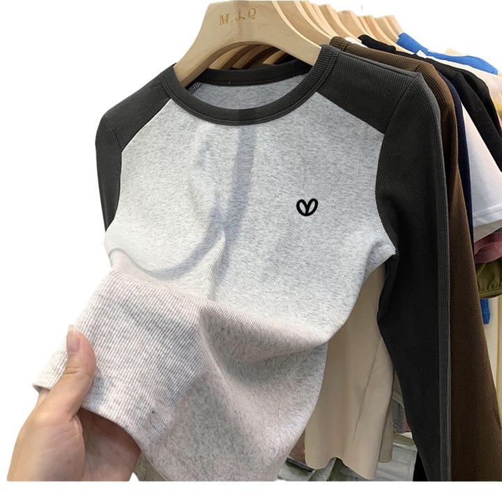 正肩撞色长袖T恤女小众设计感修身打底衫时尚百搭插肩上衣春秋季