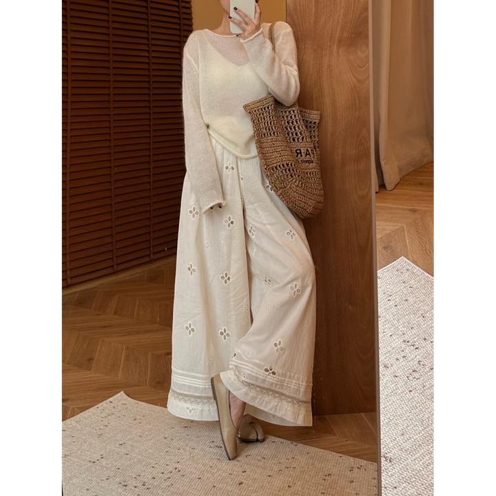 镂空蕾丝拼接飘飘运动休闲裤女春夏新款简约日常通勤度假感长裤