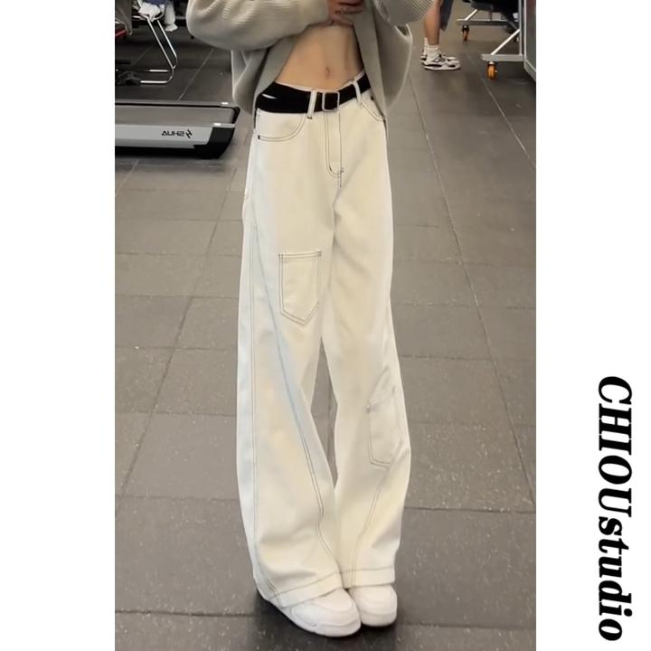 美式Vibe复古明线结构白色牛仔裤男垂感百搭阔腿工装裤轻奢痞帅裤