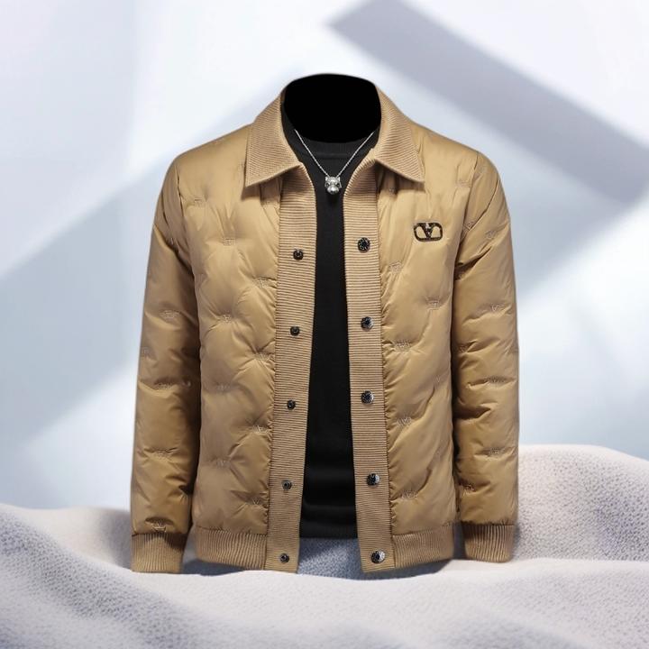 宾斯洛特冬季新款羽绒服男士短款单排扣针织翻领刺绣加厚保暖外套