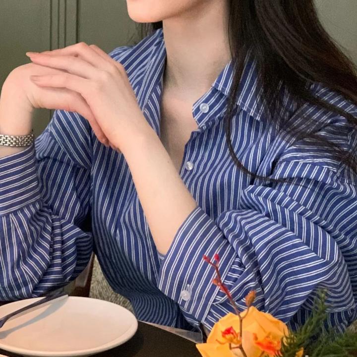 蓝色条纹衬衫女长袖春季2025新款内搭衬衣轻奢高级感法式复古上衣