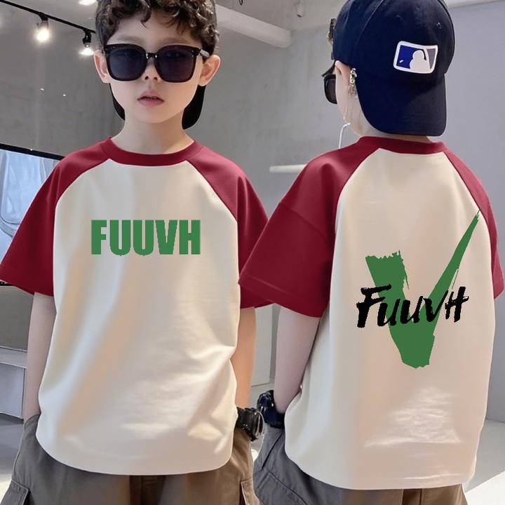 儿童纯棉夏季插肩袖短袖T恤男童宽松圆领中大童运动潮流帅气男孩