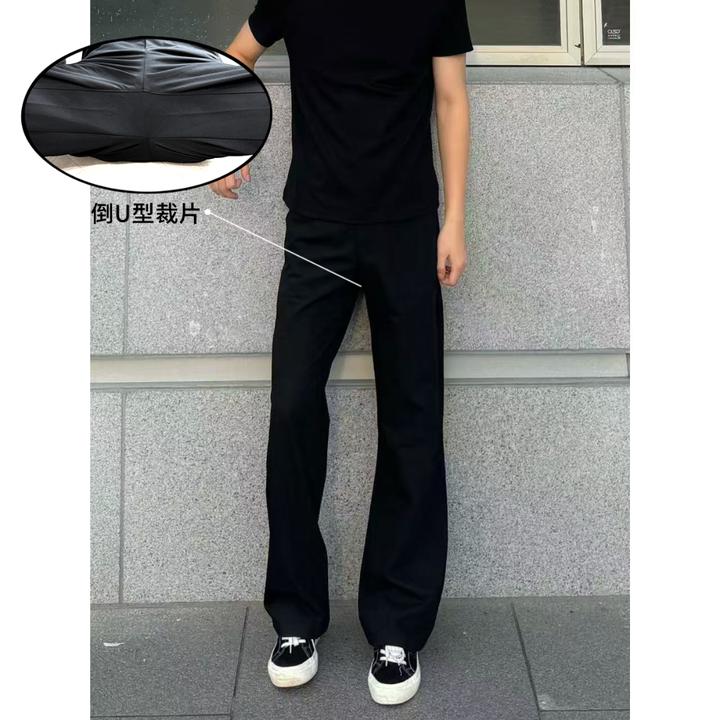 有裤上新裆部U型裁片高级感撞钉设计三本针色纺工艺直筒微喇西裤