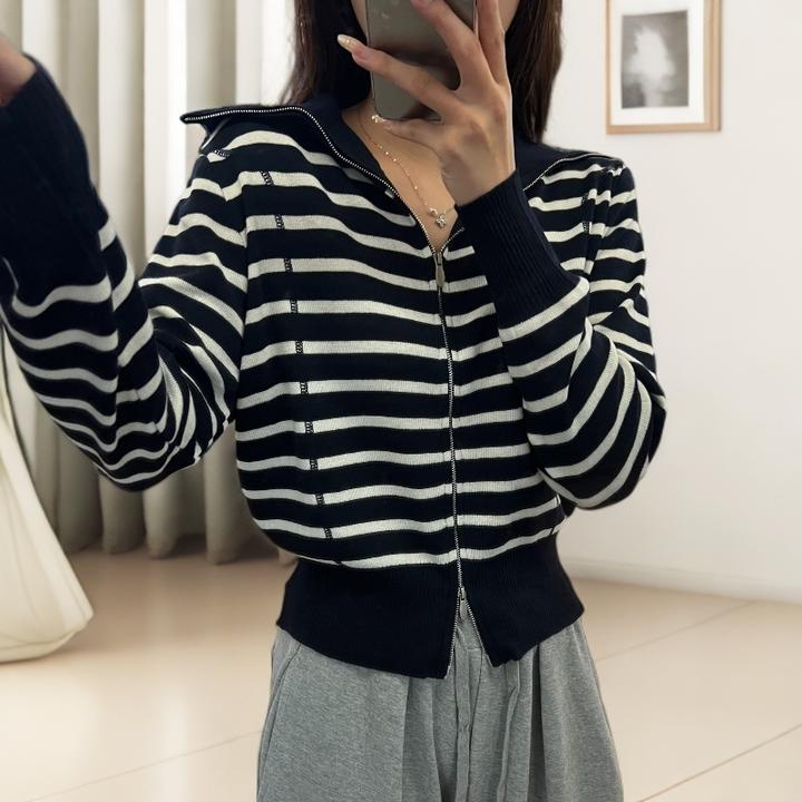 翻领双头拉链针织衫休闲百搭显瘦上衣条纹长袖