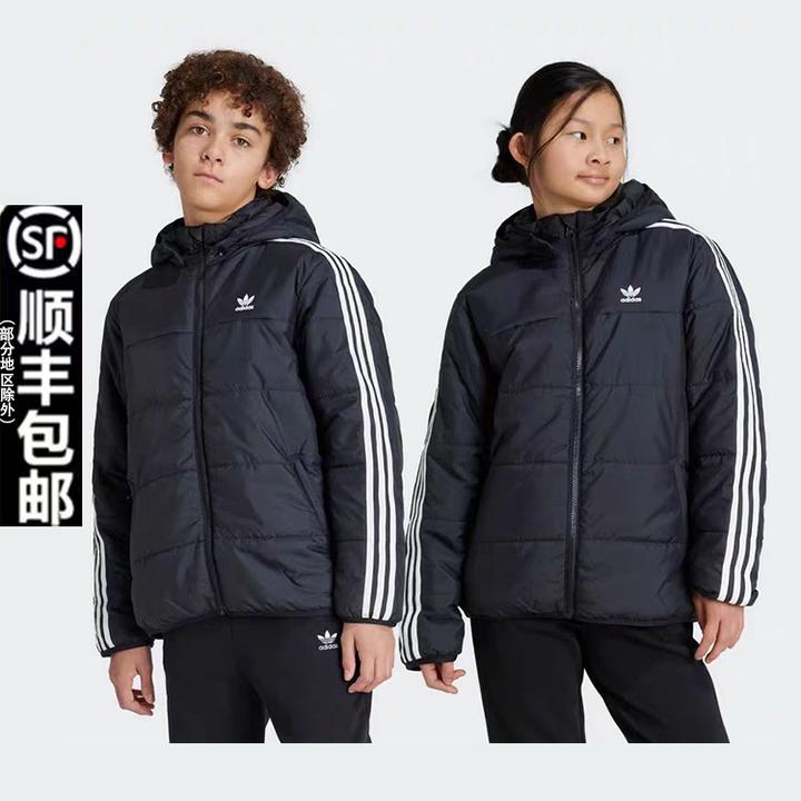 adidas阿迪达斯儿童装时尚百搭舒适三叶草黑色外套保暖棉服IY7497