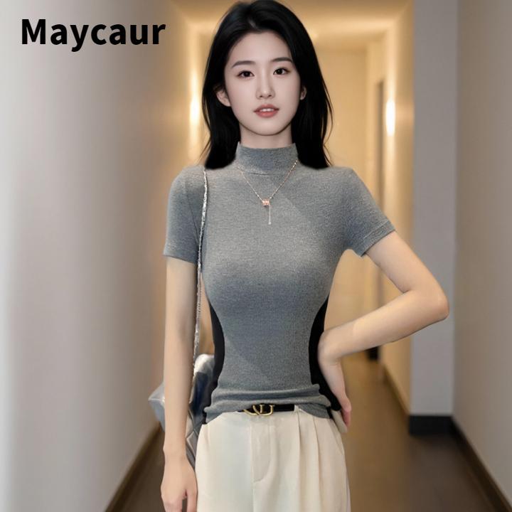 Maycaur春夏时尚新款灰色螺纹半高领拼色短袖T恤女修身显瘦上衣女