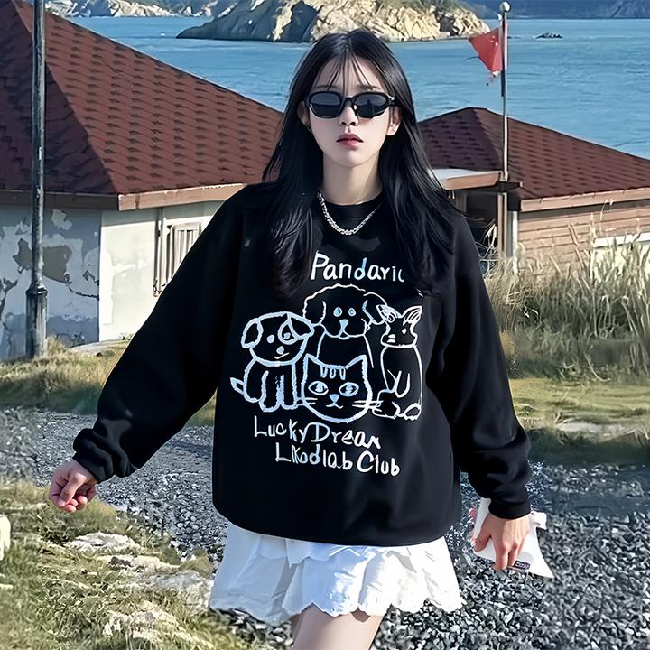 学生党卫衣女2025早春情侣装卡通印花加厚360g宽松圆领ins慵懒风