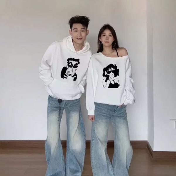情侣装卫衣秋冬季新款一男一女斜肩纯棉卫衣宽松韩版潮流情侣卫衣
