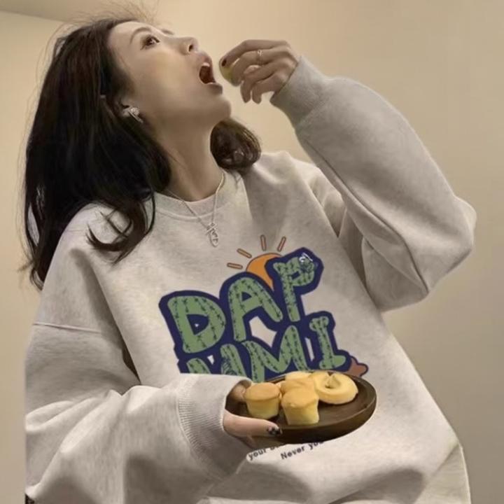 圆领美式复古vibe风百搭秋冬卫衣女加绒休闲加厚冬季宽松外套上衣