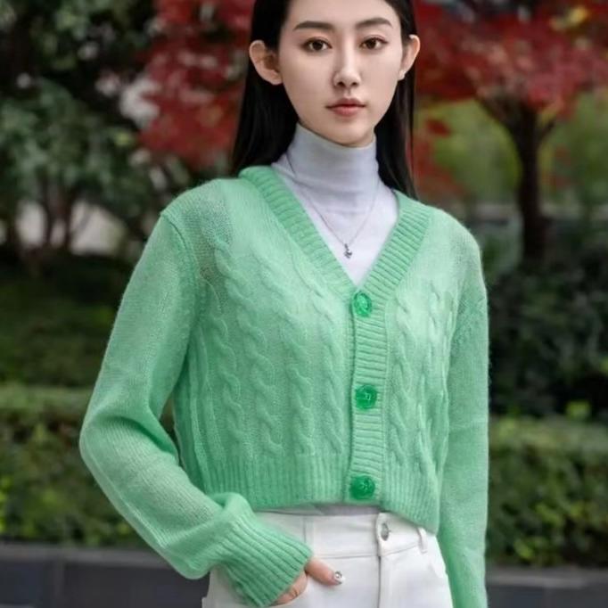 职业阿玛诗官女装2025春秋新款显瘦V领短款镂空长袖针