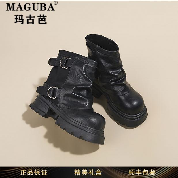 玛古芭女鞋厚底防滑粗高跟马丁靴女冬季新款复古真皮百搭圆头短靴