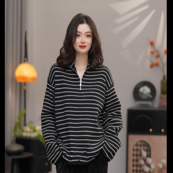 阿玛施【官方正品】新款品质时尚经典百搭条纹落肩袖毛针织衫538088