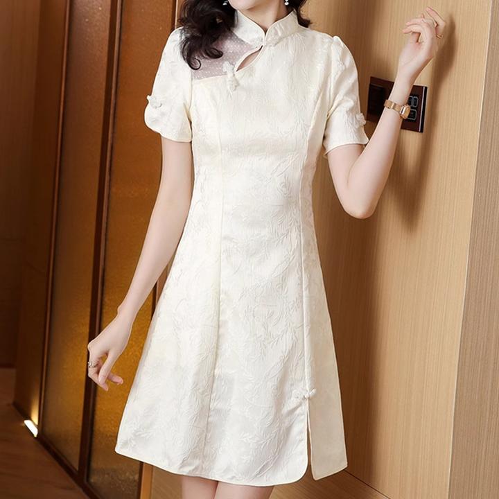 拉夏贝尔夏季2025新中式旗袍连衣裙百搭显瘦中国风纯色复古中长裙