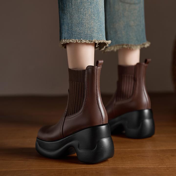 AACCK女鞋7cm小众厚底坡跟马丁靴毛线短筒瘦瘦弹力袜靴棕色烟筒靴