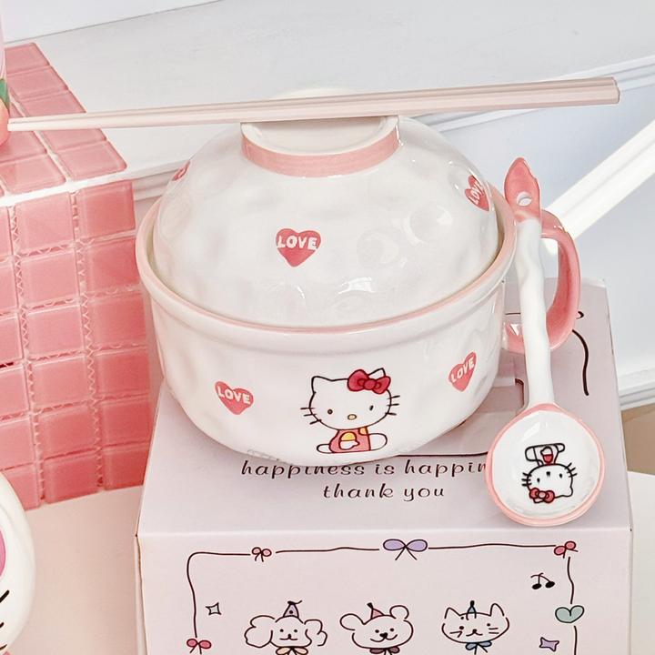 高颜值ins风kitty少女心可爱陶瓷釉下彩带盖泡面碗螺蛳粉碗好看