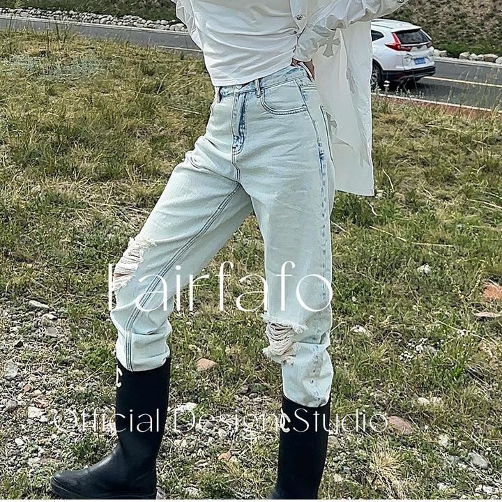 【破洞冰蓝牛仔裤】XWKZ56216新款舒适百搭户外出片破洞潮款牛仔裤