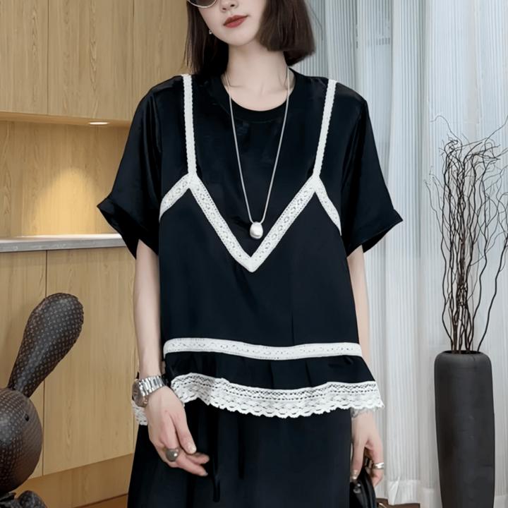 韩系气质蕾丝拼接短袖T恤女2025夏季大码胖MM高级感显瘦百搭上衣