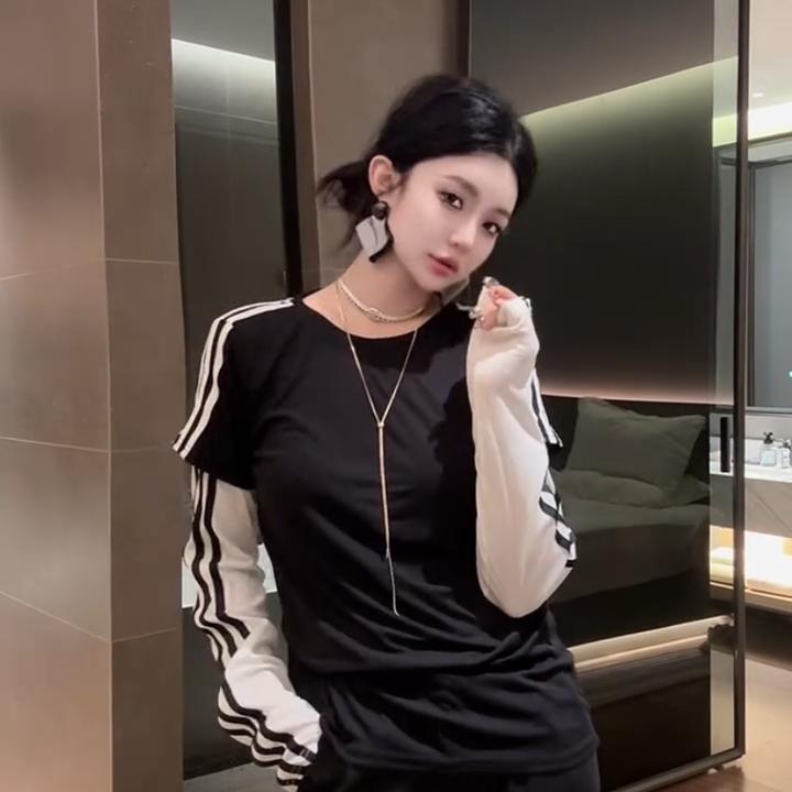 欧货25秋冬新款时髦休闲百搭撞色假两件显瘦圆领长袖T恤上衣女