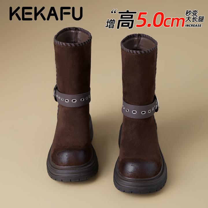 珂卡芙酷帅小个子增高西部靴女2025冬季新款复古皮带扣显瘦机车靴